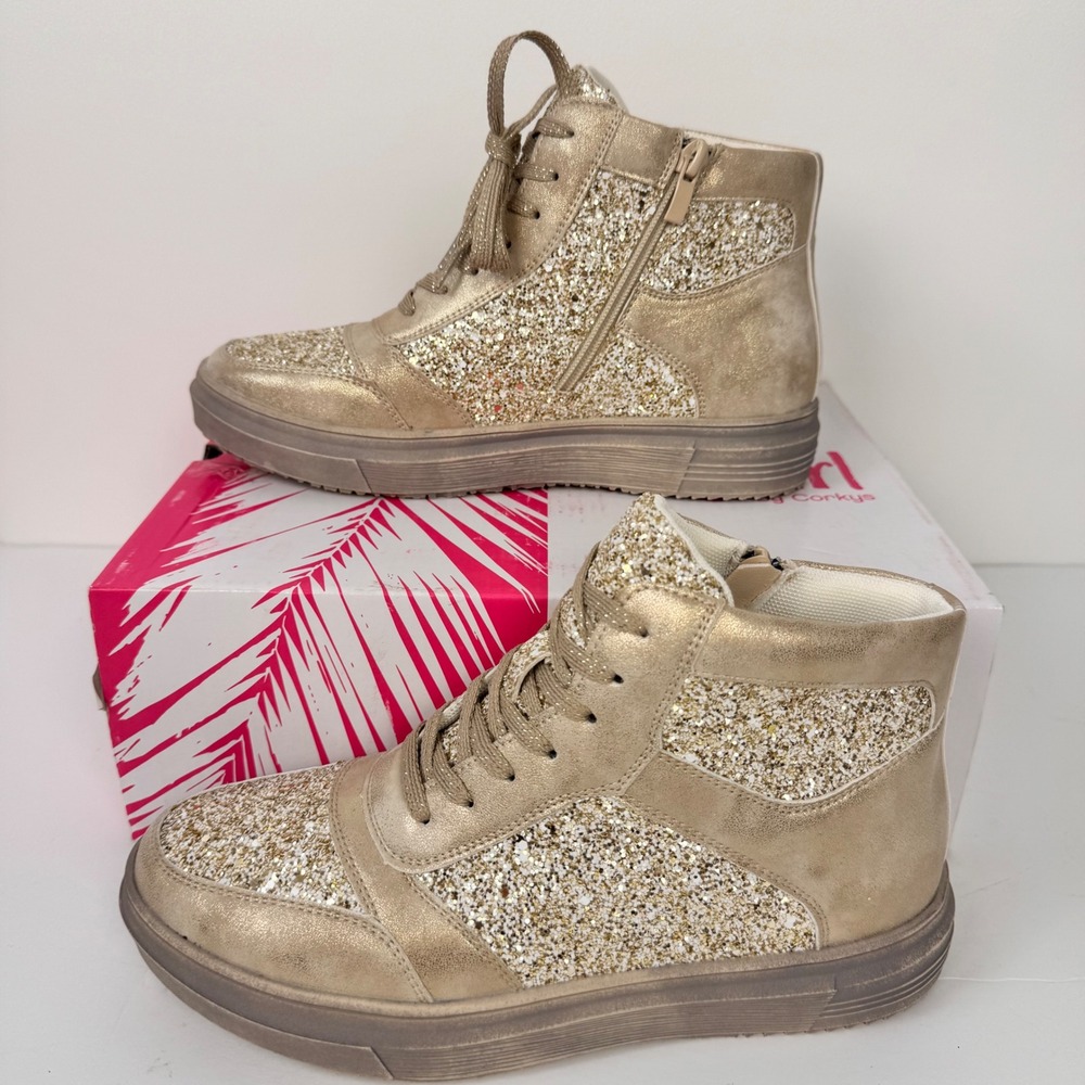 Hey Girl Shoes Women 8 Gold Notorious Metallic Glitter High Top Sneaker Glam